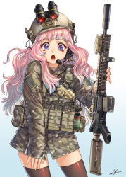 Rule 34 | 1girl, american flag, assault rifle, camouflage, commentary, explosive, foregrip, grenade, gun, hand grenade, handgun, headset, helmet, holding, holding gun, holding weapon, holster, holstered, kws, load bearing vest, long hair, military, night-vision device, open mouth, original, pink hair, pistol, purple eyes, rifle, solo, suppressor, thighhighs, weapon, weapon request, zettai ryouiki