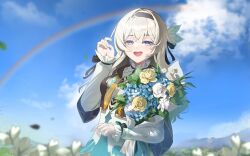 Rule 34 | 1girl, absurdres, black capelet, black hairband, blue sky, blurry, bouquet, capelet, cloud, eamut1, firefly (honkai: star rail), flower, hairband, hand up, highres, holding, holding bouquet, honkai: star rail, honkai (series), long sleeves, multicolored eyes, open mouth, rainbow, sky, smile, solo, teeth, upper body, upper teeth only