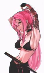 Rule 34 | 1girl, arm tattoo, facial tattoo, forehead tattoo, highres, holding, holding own hair, hololive, hololive english, katana, mori calliope, neck tattoo, pink eyes, pink hair, sword, tattoo, virtual youtuber, weapon