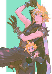 Rule 34 | 1boy, absurdres, arm up, armor, baggy pants, black gloves, blonde hair, blue eyes, blue pants, blue sweater, brown footwear, buster sword, chibi, chibi inset, closed mouth, cloud strife, commentary request, final fantasy, final fantasy vii, gloves, highres, holding, holding sword, holding weapon, huge weapon, knee up, male focus, multiple views, pants, partial commentary, raion., ribbed sweater, running, short hair, shoulder armor, single bare shoulder, sleeveless, sleeveless turtleneck, spiked hair, suspenders, sweater, sword, turtleneck, turtleneck sweater, weapon