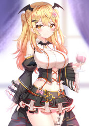 Rule 34 | 1girl, bare shoulders, black skirt, blonde hair, breasts, cowboy shot, crop top, cup, detached sleeves, drinking glass, fang, garter straps, gothic lolita, hair ornament, hairclip, head wings, highres, holding, holding cup, hololive, juliet sleeves, large breasts, lolita fashion, long hair, long sleeves, looking at viewer, midriff, miniskirt, navel, orange eyes, pleated skirt, puffy sleeves, shirt, sidelocks, skirt, smile, solo, two side up, underbust, virtual youtuber, white shirt, wine glass, wings, yozora mel, yozora mel (5th costume), yuano