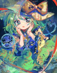 Rule 34 | 1girl, black hat, blouse, blush, bow, buttons, diamond button, expressionless, eyeball, frilled shirt collar, frilled sleeves, frills, green eyes, green hair, green skirt, hands on own cheeks, hands on own face, hat, hat bow, hat ribbon, heart, heart of string, highres, koishi day, komeiji koishi, long sleeves, looking at viewer, medium hair, oiceringi, open mouth, ribbon, shirt, skirt, solo, third eye, touhou, wavy hair, wide sleeves, yellow bow, yellow ribbon, yellow shirt