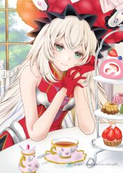 Rule 34 | 1girl, black skirt, chair, closed mouth, commentary request, cup, day, dress, fate/grand order, fate (series), food, fruit, gloves, green eyes, hands up, hat, highres, indoors, long hair, looking at viewer, marie antoinette (fate), on chair, pleated skirt, red dress, red gloves, red hat, saucer, sheepd, skirt, sleeveless, sleeveless dress, smile, solo, spoon, strawberry, teacup, teapot, tiered tray, very long hair, white hair, window
