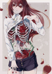 Rule 34 | 1girl, baracan, black shorts, clothes lift, collared shirt, commentary, cowboy shot, crossed bangs, flower, grey background, hand up, highres, lifted by self, long hair, looking at viewer, nail polish, original, parted lips, petals, red eyes, red flower, red hair, red nails, red rose, ribs, rose, shirt, shirt lift, short shorts, shorts, solo, spine, standing, white shirt
