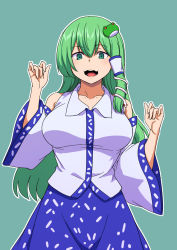 Rule 34 | 1girl, :d, blue skirt, breasts, collared shirt, cowboy shot, detached sleeves, frog hair ornament, green background, green eyes, green hair, hair ornament, hair tubes, highres, kakone, kochiya sanae, large breasts, long hair, looking at viewer, nontraditional miko, one-hour drawing challenge, open mouth, shirt, simple background, skirt, smile, snake hair ornament, solo, standing, touhou, white shirt, wide sleeves