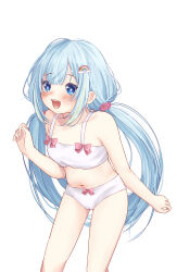 Rule 34 | 1girl, absurdres, amami ami, blue eyes, blue hair, blush, blush stickers, bow, bow panties, bra, breasts, commission, flat chest, hair ornament, hat, highres, knee up, long hair, looking at viewer, open mouth, panties, prism project, ribbon, simple background, small breasts, smile, teeth, underwear, underwear only, virtual youtuber, white background, white bra, white panties