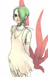 Rule 34 | 1girl, breath of fire, breath of fire v, closed mouth, dress, facial mark, full-body tattoo, green hair, hair over one eye, highres, kannoaki, looking at viewer, nina (breath of fire v), red wings, see-through, short hair, simple background, solo, tattoo, white background, white dress, wings