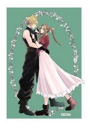 Rule 34 | 1boy, 1girl, aerith gainsborough, baggy pants, belt, black footwear, black gloves, black pants, blonde hair, blue eyes, blue shirt, boots, border, braid, braided ponytail, breasts, brown belt, brown footwear, brown hair, closed mouth, cloud strife, couple, cropped jacket, dancing, dress, final fantasy, final fantasy vii, full body, gloves, green background, green eyes, hair between eyes, hair ribbon, hand on another&#039;s chest, hand on another&#039;s hip, hetero, holding hands, jacket, long dress, long hair, looking at another, medium breasts, multiple belts, pants, parted bangs, pink dress, pink ribbon, profile, puffy short sleeves, puffy sleeves, red jacket, ribbon, s kouta s, shirt, short hair, short sleeves, sidelocks, single bare shoulder, single braid, sleeveless, sleeveless turtleneck, smile, spiked hair, suspenders, turtleneck, twitter username, wavy hair, white border