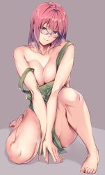 Rule 34 | 10s, 1girl, apron, arato hisako, bare shoulders, barefoot, breasts, breasts squeezed together, brown eyes, cleavage, collarbone, artistic error, full body, glasses, grey background, head tilt, knee up, large breasts, looking at viewer, naked apron, nanao (mahaya), nervous smile, pink hair, red hair, shokugeki no souma, short hair, sitting, smile, solo, sweat, thighs, toenails, v arms, wrong foot