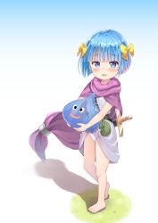 Rule 34 | 1girl, 1other, absurdres, barefoot, belt pouch, blue eyes, blue hair, blunt bangs, blush, bow, bow panties, breasts, cape, child, clothes lift, commentary request, dragon quest, dress, dress lift, ear piercing, full body, green bow, hair bow, hero&#039;s daughter (dq5), highres, lifting own clothes, paid reward available, panties, piercing, pink panties, pouch, purple cape, red bow, short hair, slime (creature), slime (dragon quest), small breasts, small fry (dragon quest), solo, standing, sword, tenjou ryuka, toes, underwear, variant set, weapon, white dress