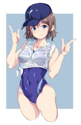 Rule 34 | 10s, 1girl, alp, blue eyes, blue one-piece swimsuit, blush, breasts, brown hair, competition swimsuit, hat, looking at viewer, love live!, love live! school idol project, love live! sunshine!!, medium breasts, one-piece swimsuit, school swimsuit, shirt, short hair, smile, solo, swimsuit, swimsuit under clothes, tied shirt, watanabe you, wet, wet clothes