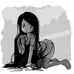 Rule 34 | 1girl, all fours, greyscale, long hair, md5 mismatch, monochrome, okera, solo, thighhighs