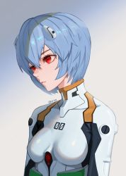 Rule 34 | 1girl, absurdres, ayanami rei, blue hair, bodysuit, closed mouth, drid, expressionless, female focus, gradient background, hairpods, highres, interface headset, looking away, neon genesis evangelion, pilot suit, plugsuit, red eyes, short hair, solo, twitter username, upper body, white background, white bodysuit