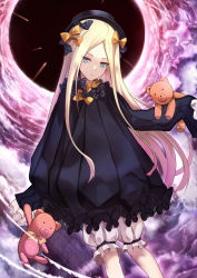 Rule 34 | 1girl, abigail williams (fate), black bow, black dress, black hat, blonde hair, bloomers, blue eyes, bow, bowtie, closed mouth, cloud, cloudy sky, dress, expressionless, fate/grand order, fate (series), floating hair, gradient sky, hair bow, hands in opposite sleeves, hat, head tilt, highres, holding, holding stuffed toy, long hair, long sleeves, looking at viewer, orange bow, orange bowtie, polka dot, polka dot bow, purple sky, red sky, shigure s, short dress, sidelocks, sky, solo, straight hair, stuffed animal, stuffed toy, teddy bear, tsurime, underwear, very long hair, white bloomers, wind