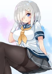 Rule 34 | 10s, 1girl, black pantyhose, blue background, blue eyes, breasts, gloves, hair ornament, hair over one eye, hairclip, hamakaze (kancolle), hand in own hair, hidaka0503, kantai collection, large breasts, neckerchief, open mouth, pantyhose, pleated skirt, sailor collar, school uniform, serafuku, short hair, silver hair, sitting, skirt, solo, white gloves, yellow neckerchief