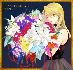 Rule 34 | 1girl, alternate costume, bare arms, black shirt, blonde hair, blue bag, blue flower, border, bouquet, brown eyes, character name, cowboy shot, dated, earrings, flower, fullmetal alchemist, grey skirt, hair between eyes, high collar, holding, holding bouquet, jewelry, long hair, looking at viewer, pink flower, purple flower, red flower, riza hawkeye, shirt, skirt, sleeveless, sleeveless shirt, smile, solo, takafuji yuna, white flower