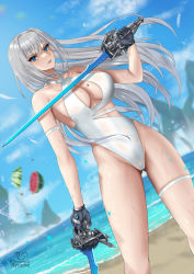Rule 34 | 1girl, arm strap, artist name, bare arms, beach, black gloves, blue eyes, blurry, breasts, chest tattoo, cleavage, cleavage cutout, clothing cutout, commentary, depth of field, dual wielding, dutch angle, english commentary, ethel (xenoblade), feet out of frame, food, fruit, gloves, highres, holding, holding sword, holding weapon, large breasts, long hair, one-piece swimsuit, open mouth, outdoors, ryuuneart, sand, sky, solo, swimsuit, sword, tattoo, thigh strap, twitter username, waist cutout, watermelon, weapon, wet, white hair, white one-piece swimsuit, xenoblade chronicles (series), xenoblade chronicles 3