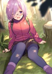 Rule 34 | 1girl, ;d, alternate costume, arms at sides, backpack, bag, black-framed eyewear, blurry, blurry foreground, blush, boots, brown shorts, commentary request, day, depth of field, eyes visible through hair, fate/grand order, fate (series), feet out of frame, flower, forest, glasses, hair flower, hair ornament, haru (hiyori-kohal), jacket, light rays, long sleeves, looking at viewer, mash kyrielight, nature, on ground, one eye closed, open mouth, outdoors, pantyhose, pantyhose under shorts, pink hair, purple eyes, purple footwear, purple pantyhose, red jacket, short hair, shorts, sitting, smile, solo, sunbeam, sunlight, tree stump