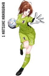 Rule 34 | 1girl, ahoge, ball, black footwear, black gloves, brown hair, commission, full body, gloves, goalkeeper, green shorts, green socks, hibike! euphonium, highres, holding, holding ball, kneehighs, long hair, looking at viewer, nakagawa natsuki, open mouth, ponytail, purple eyes, rynn (darknescorez), second-party source, shoes, shorts, simple background, sneakers, soccer ball, socks, solo, two-tone gloves, white background, white gloves