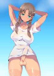 Rule 34 | 1futa, aqua eyes, arms behind head, arms up, bad id, bad pixiv id, blue background, blue eyes, bottomless, braid, breasts, brown hair, bulge, covered erect nipples, cowboy shot, erection, erection under clothes, from below, full-package futanari, futanari, hair over shoulder, head tilt, large breasts, long hair, looking at viewer, naked shirt, original, penis, shiny skin, shirt, simple background, smile, solo, standing, sweat, tan, tanline, testicles, thighs, twin braids, twintails, ubanis, wet, wet clothes, white shirt