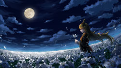 Rule 34 | 1girl, absurdres, black dress, blonde hair, breasts, cloud, commentary request, dress, field, floating hair, flower, flower field, from side, full moon, headdress, highres, hikaru niwatori, holding, holding flower, junko (touhou), light particles, long hair, long sleeves, medium breasts, moon, neck ribbon, night, night sky, outdoors, profile, red eyes, ribbon, sky, solo, standing, tabard, touhou, very long hair, white flower, wide sleeves, yellow ribbon