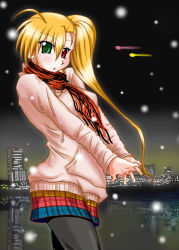 Rule 34 | 00s, 1girl, ahoge, blonde hair, cityscape, cowboy shot, green eyes, own hands clasped, heterochromia, highres, hood, hoodie, j-wabe, long hair, lyrical nanoha, mahou shoujo lyrical nanoha strikers, night, night sky, aged up, open mouth, outdoors, own hands together, pantyhose, plaid, ponytail, red eyes, scarf, side ponytail, skirt, sky, snow, solo, stretching, vivio, water
