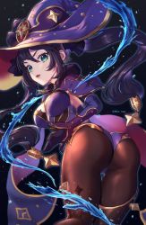 Rule 34 | 1girl, ass, bent over, black pantyhose, breasts, capelet, from behind, genshin impact, green eyes, hair ornament, hair ribbon, hat, highres, long hair, looking at viewer, looking back, mona (genshin impact), open mouth, pantyhose, purple hair, ribbon, smile, solo, twintails, water, witch, witch hat