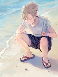 Rule 34 | 1boy, beach, blonde hair, crab, feet, hermit crab, legs, male focus, megane (artist), ocean, outdoors, pout, sand, sandals, shorts, solo, squatting, tagme, toes, water