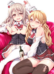 Rule 34 | 10s, 2girls, bare shoulders, blonde hair, blush, bottle, bow, bowtie, braid, breasts, brown eyes, brown hair, brown legwear, censored nipples, convenient censoring, covered erect nipples, cup, drinking glass, drunk, french braid, hair between eyes, hair censor, hat, kantai collection, large breasts, long hair, long sleeves, looking at viewer, mini hat, miniskirt, multiple girls, one eye closed, open mouth, panties, pantyshot, pola (kancolle), shirt, side-tie legwear, silver hair, simple background, sitting, skirt, smile, thighhighs, underwear, uousa-ou, wavy hair, white background, white legwear, white panties, white shirt, wine bottle, wine glass, zara (kancolle)