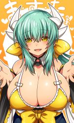 Rule 34 | 1girl, bare shoulders, blonde hair, blush, breasts, cleavage, fate/grand order, fate (series), heart, horns, kiyohime (fate), kiyohime (swimsuit lancer) (first ascension) (fate), large breasts, looking at viewer, mofuaki, smile, solo, translated