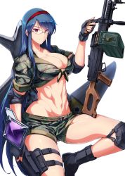 Rule 34 | 1girl, abs, ammunition, ammunition belt, ammunition box, bad id, bad pixiv id, belt-fed, blue hair, boots, breasts, camouflage, camouflage shorts, cleavage, cover, cover page, curvy, elbow pads, female focus, fingerless gloves, front-tie top, gakuen taisen valkyries, glasses, gloves, gun, hairband, halcon, headband, highres, holster, knee pads, large breasts, long hair, machine gun, mecha musume, midriff, military, navel, original, pink eyes, pkm, purple eyes, sabra greengold, shirt, short shorts, shorts, skindentation, sleeves rolled up, smile, solo, tied shirt, vertical forward grip, very long hair, weapon, white background, wide hips