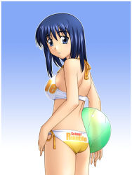 Rule 34 | 00s, 1girl, ass, ball, beachball, bikini, blue eyes, blue hair, copyright name, gradient background, looking at viewer, looking back, matching hair/eyes, non-web source, school rumble, short hair, side-tie bikini bottom, simple background, solo, suou mikoto (school rumble), swimsuit