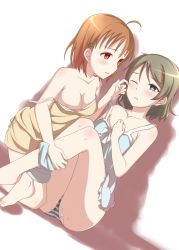 Rule 34 | 2girls, absurdres, ahoge, akbskenmb48-40, blue eyes, blush, breasts, brown hair, cleavage, commentary request, hair ornament, hairclip, highres, looking at another, love live!, love live! sunshine!!, medium breasts, multiple girls, nipple slip, nipples, one eye closed, orange hair, panties, parted lips, pussy juice, red eyes, shadow, short hair, striped clothes, striped panties, takami chika, tearing up, tears, underwear, watanabe you, white background, wiping tears, yuri