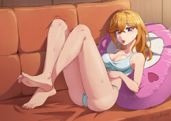 Rule 34 | 1girl, absurdres, barefoot, candy, couch, feet, food, highres, light blush, lollipop, long hair, looking at viewer, love live!, love live! superstar!!, orange hair, panties, purple eyes, shibuya kanon, soles, toes, underwear
