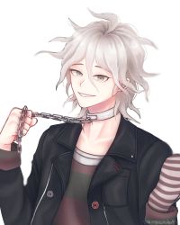 Rule 34 | 1boy, absurdres, artist name, bad id, bad twitter id, black jacket, chain, collar, collarbone, commentary request, danganronpa (series), danganronpa another episode: ultra despair girls, dated, grey eyes, grey hair, hair between eyes, hand up, hands up, highres, holding, jacket, komaeda nagito, long sleeves, looking at viewer, male focus, metal collar, mittens, open clothes, servant (danganronpa), shirt, short hair, simple background, smile, solo, upper body, white background, zezzubou45