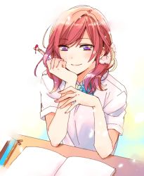 Rule 34 | 10s, 1girl, alternate hairstyle, blank page, blush, book, bow, bowtie, desk, dress shirt, head rest, love live!, love live! school idol project, multicolored eyes, nishikino maki, notebook, pencil, pencil case, purple eyes, red hair, shirt, sketch, smile, solo, upper body, white shirt, yuzucky