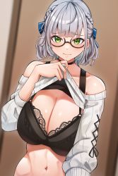 Rule 34 | 1girl, absurdres, bangs, bare shoulders, black bra, blue ribbon, blush, bra, braid, breasts, cleavage, closed mouth, clothes lift, cromwellb, eyebrows visible through hair, french braid, glasses, green eyes, hair ribbon, highres, hololive, indoors, lace, lace-trimmed bra, lace trim, large breasts, lifted by self, long hair, looking at viewer, navel, off-shoulder sweater, off shoulder, ribbon, self shot, shirogane noel, short hair, silver hair, solo, standing, sweater, sweater lift, underwear, virtual youtuber, white sweater