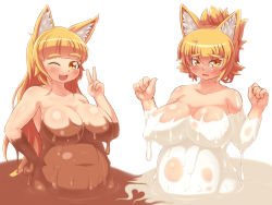 Rule 34 | 2girls, animal ears, blonde hair, blush, borrowed character, breasts, chocolate, chocolate covered, fox ears, hand on own hip, highres, large breasts, long hair, looking at viewer, monugaeru, multiple girls, naked chocolate, nude, one eye closed, open mouth, original, plump, short hair, simple background, smile, white background, white chocolate, wink