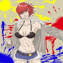 Rule 34 | 1girl, absurdres, breasts, coat, denim, highres, jeans, large breasts, looking at viewer, muscular, muscular female, navel, original, pants, ponytail, red eyes, red hair, scar, scar on face, smile