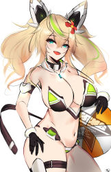 Rule 34 | absurdres, aqua eyes, armband, armor, ball, bikini, bikini armor, black gloves, blonde hair, breasts, cleavage, cowboy shot, flower hat, gene (pso2), gloves, green hair, hand on own hip, highres, holding, holding ball, jewelry, kyle (kysizzle), long hair, looking at viewer, multicolored hair, necklace, pale skin, phantasy star, phantasy star online 2, short twintails, simple background, smile, solo, swimsuit, thigh strap, twintails, wavy hair, white background, widow&#039;s peak