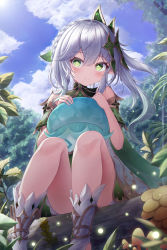 Rule 34 | 1girl, absurdres, bare legs, blue sky, blush, braid, child, closed mouth, cloud, colored tips, day, detached sleeves, dress, feet out of frame, floating hair, forest, genshin impact, gradient hair, green eyes, green hair, grey hair, hair between eyes, hair ornament, highres, ichizon, in tree, knees up, leaf, leaf hair ornament, legs, long hair, looking at viewer, multicolored hair, nahida (genshin impact), nature, outdoors, plant, pointy ears, short dress, side ponytail, sidelocks, sitting, sitting in tree, sky, sleeveless, sleeveless dress, socks, solo, symbol-shaped pupils, thighs, toeless footwear, tree, white dress, white hair, white socks