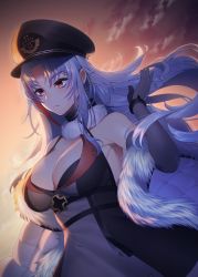 Rule 34 | 1girl, absurdres, alternate costume, azur lane, bare shoulders, black dress, black headwear, breasts, cleavage, coat, cross, dress, dutch angle, elbow gloves, fur-trimmed coat, fur trim, gloves, highres, iron cross, large breasts, long hair, maitei roppa, multicolored hair, open clothes, open coat, red eyes, red hair, silver hair, sleeveless, sleeveless dress, solo, tallinn (azur lane), two-tone hair