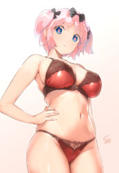 Rule 34 | + +, 1girl, bad link, blue eyes, blush, bow, bra, breasts, eyebrows hidden by hair, from above, hair bow, hand on own hip, hibari (senran kagura), highres, hip bones, large breasts, looking at viewer, navel, panties, pink hair, red bra, red panties, senran kagura, short twintails, sidelocks, simple background, skindentation, solo, symbol-shaped pupils, twintails, underwear, underwear only, white background, yaegashi nan
