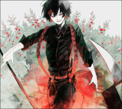 Rule 34 | 1boy, black hair, black pants, black shirt, closed eyes, collared shirt, commentary request, cowboy shot, flower, hair ornament, hairclip, holding, holding weapon, koujima shikasa, long sleeves, male focus, pants, red background, red flower, roman numeral, shirt, short hair, smile, solo, stitches, suspenders, suzuya juuzou, tokyo ghoul, tokyo ghoul:re, weapon, x hair ornament