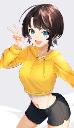 Rule 34 | :d, absurdres, black shorts, blue eyes, brown hair, cowboy shot, cropped sweater, grey background, highres, hololive, hood, hooded sweater, lazurite (user 8870367), looking at viewer, midriff, navel, oozora subaru, open mouth, short hair, shorts, simple background, smile, sweater, swept bangs, v, virtual youtuber, yellow sweater