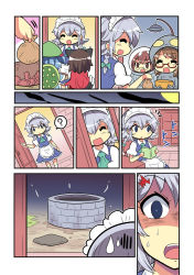 Rule 34 | 5girls, ?, alien, animal ears, apron, backpack, bag, black hair, blue eyes, blue hair, book, bowl, bowser, brown hair, cape, cat ears, cat tail, chen, chibi, closed eyes, colonel aki, comic, costume, door, full moon, futatsuiwa mamizou, glasses, halloween, hat, helmet, holding, holding book, izayoi sakuya, kawashiro nitori, maid, maid apron, maid headdress, moon, multiple girls, multiple tails, night, night sky, open door, open mouth, scared, shaded face, short hair, sitting, sky, smile, spacesuit, spoken question mark, standing, sweatdrop, tail, the ring, touhou, translation request, ufo, usami sumireko, well, wide-eyed