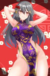Rule 34 | 1girl, alternate costume, arms behind head, bare shoulders, brown eyes, china dress, chinese clothes, contrapposto, cowboy shot, dress, flower, grey hair, hair flower, hair ornament, hairclip, haruna (kancolle), highres, kantai collection, long hair, looking at viewer, nitamako (sakamalh), side slit, smile, solo