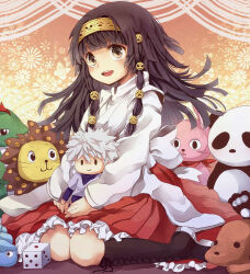 Rule 34 | 1girl, alluka zoldyck, blunt bangs, boots, brothers, brown footwear, brown hair, dice, female focus, hunter x hunter, japanese clothes, killua zoldyck, knee boots, kneeling, long hair, open mouth, shion (1994sionn), siblings, smiley face, solo, stuffed animal, stuffed dinosaur, stuffed dog, stuffed lion, stuffed panda, stuffed rabbit, stuffed toy, teeth, upper teeth only