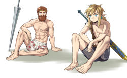 Rule 34 | 2boys, abs, arm support, bare legs, barefoot, beard, blonde hair, blue eyes, boxers, brown hair, circlet, collarbone, commentary request, crossover, earrings, elbow rest, facial hair, food print, full body, jewelry, knee up, knees up, lance, link, long hair, looking at another, makaimura, male focus, male underwear, master sword, monbetsu kuniharu, multiple boys, muscular, muscular male, nintendo, pectorals, planted, planted spear, pointy ears, polearm, print male underwear, scabbard, sheath, sheathed, short hair, short ponytail, sir arthur (makaimura), sitting, spear, stomach, strawberry print, sword, the legend of zelda, the legend of zelda: breath of the wild, toes, toned, toned male, topless male, trait connection, underwear, underwear only, weapon, weapon on back