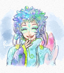 Rule 34 | 1other, artist name, blue eyes, blue hair, character name, chiimako, closed eyes, facial mark, feathers, forehead mark, gnosia, green eyes, green hair, green nails, headphones, long hair, long sleeves, looking at viewer, makeup, multicolored hair, open mouth, raqio, smile, solo, upper body